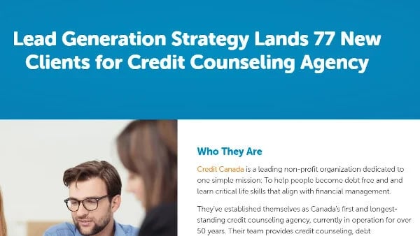 content format for the consideration stage: case study example from bluleadz that reads "lead generation strategy lands 77 new clients for credit counseling agency"